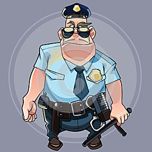 Cartoon formidable big man in a police uniform with a stick
