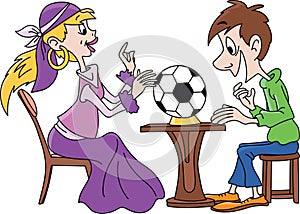 Cartoon fortune teller guessing about the football championship vector