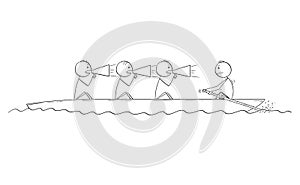 Cartoon of Four Men or Businessmen on Boat, One Man is Rower and Three Men are Coxswains.