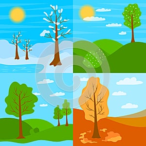 Cartoon Four Seasons Landscape Scene Set. Vector