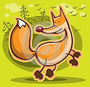 Cartoon fox on the abstract green background