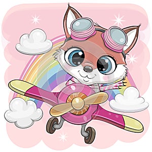 Cartoon Fox is flying on a plane on a pink background