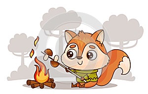 Cartoon fox happily roasting mushrooms in campfire illustration. Vector