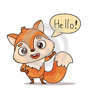 Cartoon fox with a happy expression and a speech bubble that reads hello. Vector