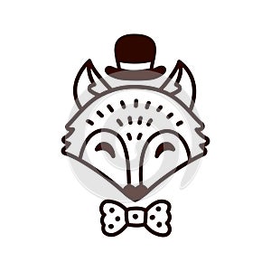 Cartoon fox with hat and bowtie