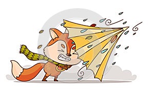 A cartoon fox is holding an umbrella in the wind. Vector