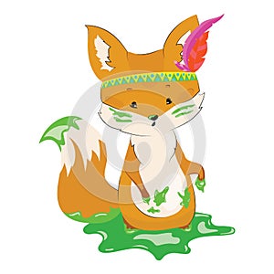 Cartoon fox with an Indian headdress made of feathers on his head. Lovely stylized fox smeared in paint. Vector