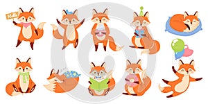 Cartoon fox mascot. Funny animal character, cute red foxes with black paws vector illustration set