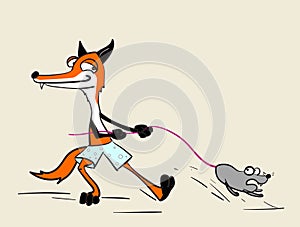 Cartoon fox with mouse or rat caught by tail