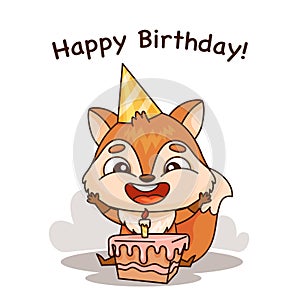 Cartoon fox with party hat, birthday cake, and a happy smile. Vector