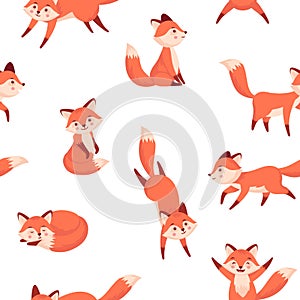 Cartoon fox pattern. Seamless print with cute forest animal characters in different poses for wrapping, wallpaper