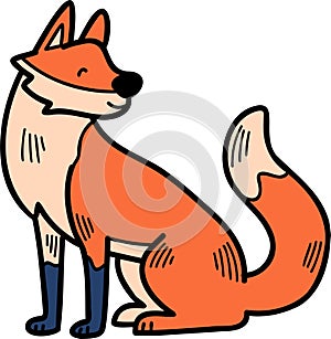 A cartoon fox is sitting on the ground with its paws on its hips