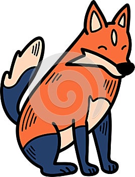 A cartoon fox is sitting on the ground with its paws on its hips