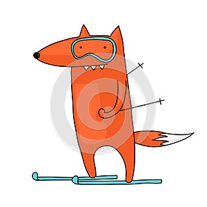 Cartoon fox skiing