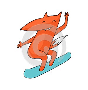 Cartoon fox snowboarding