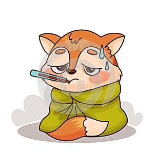 A cartoon fox is wrapped in a blanket and holding a thermometer in its mouth Vector
