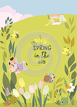 Cartoon Frame with Cute Baby Insects, Spring Flowers and Plants