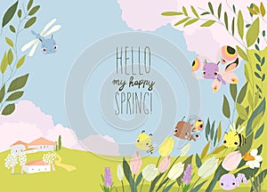 Cartoon Frame with Cute Baby Insects, Spring Flowers and Plants