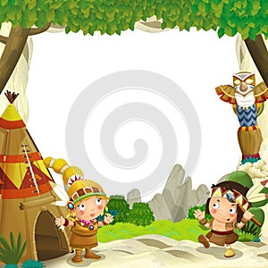 Cartoon frame for different usage indian characters husband with a spear and wife standing near the tee pee