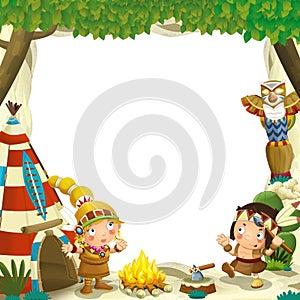 Cartoon frame for different usage indian characters husband with a spear and wife standing near the tee pee