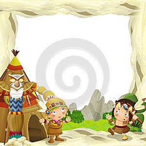 Cartoon frame for different usage indian characters husband with a spear and wife standing near the tee pee