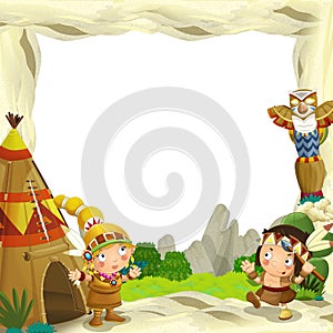 Cartoon frame for different usage indian characters husband with a spear and wife standing near the tee pee