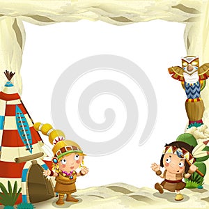 Cartoon frame for different usage indian characters husband with a spear and wife standing near the tee pee