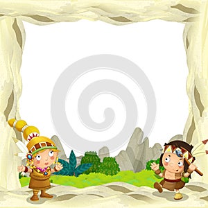 Cartoon frame for different usage native american characters husband with a spear and wife standing near the cactus