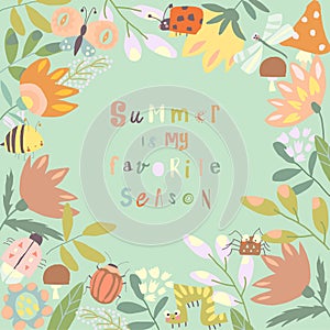Cartoon Frame with Insects, Summer Flowers and Leaves