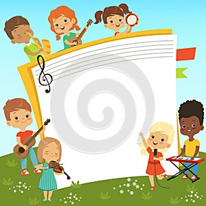 Cartoon frame with musician childrens and empty place for your personal text