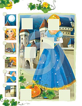 Cartoon frame - with princess standing in the flowers field - glamour manga girl- castle in the background
