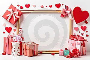 Cartoon frame with Valentine\'s day gift and hearts on a white background. Love greeting card, date invitation, wedding.