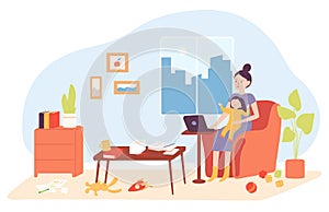 Cartoon freelance woman holding child and working remotely at home. Staying home with little baby. Mom with kid