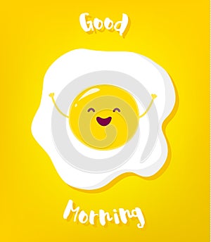 Cartoon fried egg raises hands and smiles. Good morning vector card