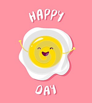 Cartoon fried egg raises hands and smiles. Vector card