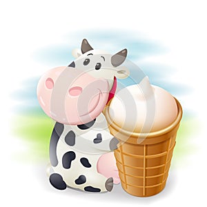 Cartoon friendly cow holding ice cream waffle cup. Vector clipart drawing illustration.