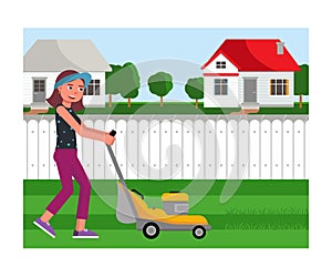 Cartoon friendly smiling young woman mowing grass with lawn mower on yard. Gardening and landscape design. Female