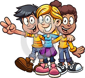 Happy cartoon kids friends hugging photo