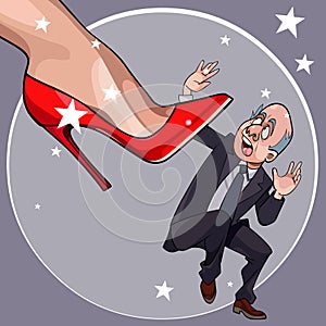Cartoon frightened man fell under a womans heel