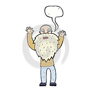 cartoon frightened old man with beard with speech bubble