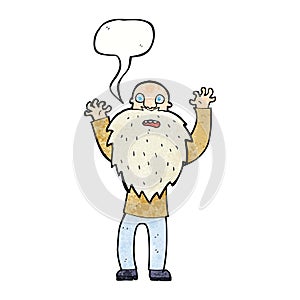 cartoon frightened old man with beard with speech bubble