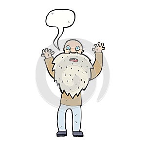 cartoon frightened old man with beard with speech bubble