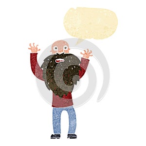 cartoon frightened old man with beard with speech bubble