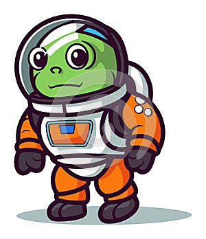 Cartoon frog astronaut in orange space suit standing confidently. Cute frog explorer with space helmet on adventure