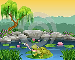 Cartoon frog catching fly on the lily water