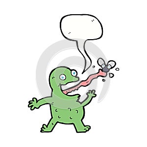 cartoon frog catching fly with speech bubble