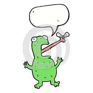 cartoon frog catching fly with speech bubble