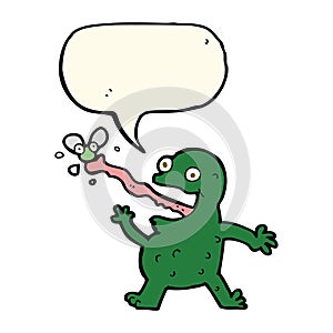 cartoon frog catching fly with speech bubble