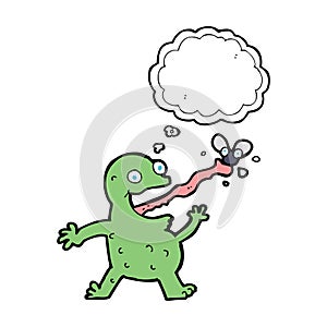 cartoon frog catching fly with thought bubble