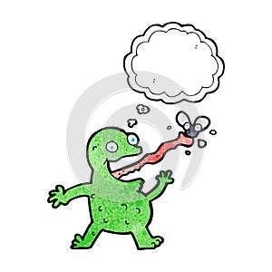 cartoon frog catching fly with thought bubble